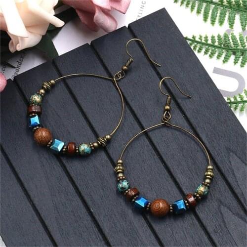 Bohemian Crystal Earrings For Women Ethnic Big Circle Round Hollow Tassel Earring Vintage Metal Wooden Beads Earing Jewelry Gift