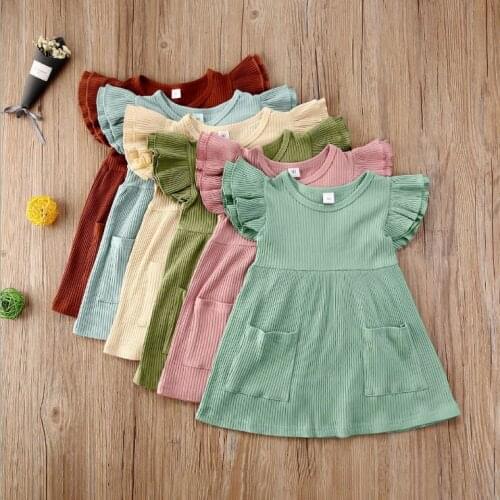 1-4Y Toddler Baby Girls Holiday Cute Dress Solid Ruffles Sleeve Pocket Knee Length A-Line Dress 6Colors