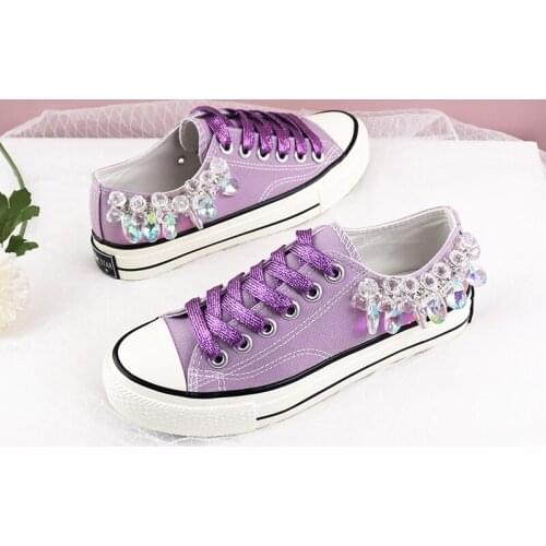 Purple Fashion Casual Ladies Canvas Shoes Summer Sweet Rhinestone Flat Round Toe Comfortable Single Shoes Large Size 35-40