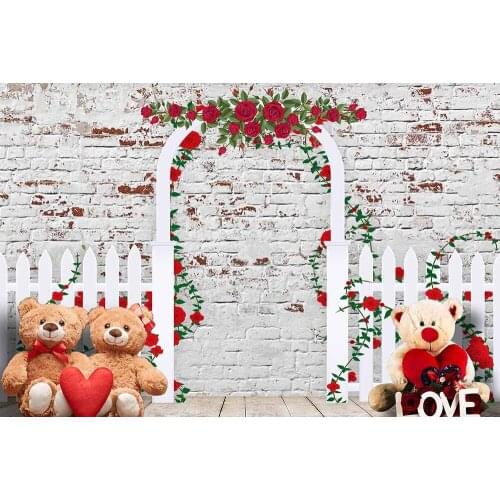 Valentines Day Photography Backdrop Brick Wall Red Rose Bears Decoration Studio Booth Background W-4844