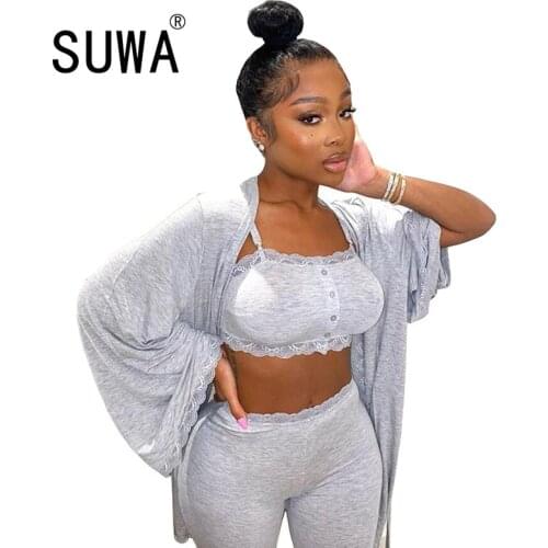 Three-Piece Set Of Pure Color Casual Lace Trousers Pajamas 2021 New Product Tracksuit Matching Sets Casual Home Wear