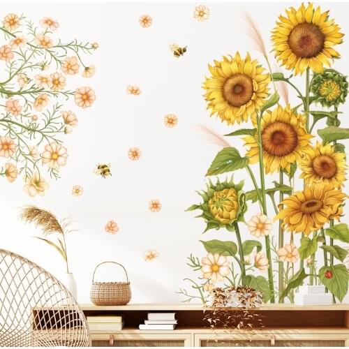 BRUP Beautiful Sunflowers Botanical Wall Stickers for Living Room Bedroom Wall Decoration Decals Hand Drawing PVC wallstickers