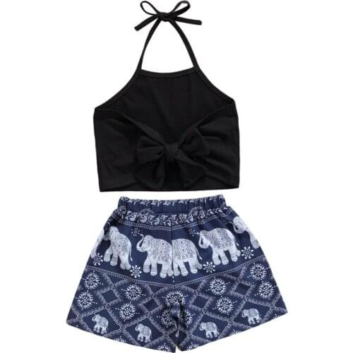 Summer Kids Girls Neck-Hanging Tops Shorts Suit Bowknot Lace Up Shirt Vest Retro Printed Loose Pants Two Piece Clothing Set