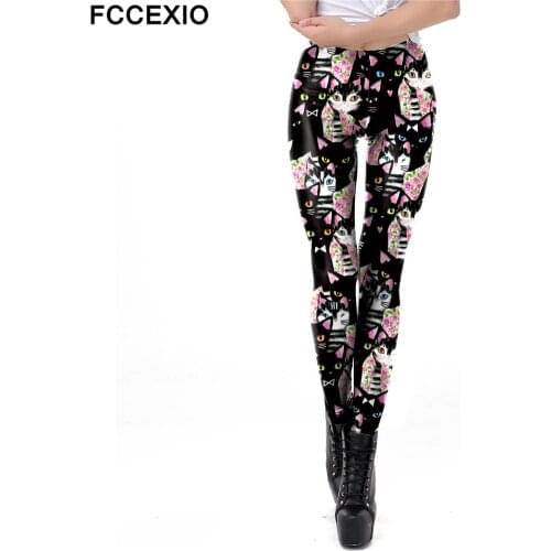 FCCEXIO Cute Carton Leggings For Women Cat Fitness Pants Slim Lovely Leggins Workout Pants Female Outside Clothing Plus Size