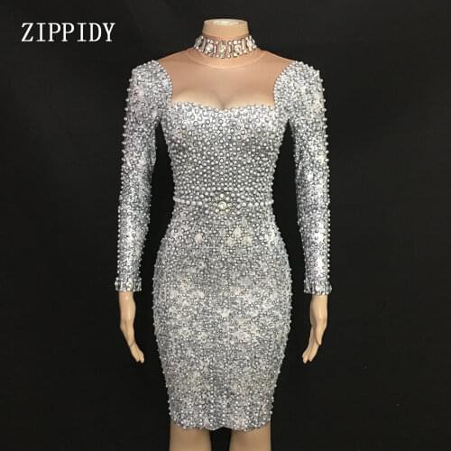 Sparkly Pearl Rhinestone Gray Dress Fashion Long Sleeves Skinny Dress Prom Nude Stretch Dress Singer Birthday Celebrate Dresses