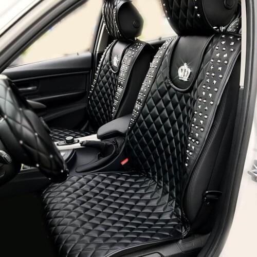 Fashion Rivets PU Leather Car Seat Cover Crystal Crown Auto Seat Cushion Universal Size Car Pad Interior Accessories Car Styling