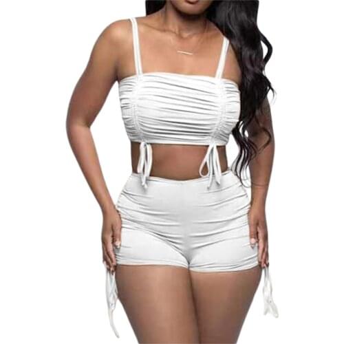2021 Fashion Women 2 Piece Set Drawstring Ruched Sport Outfit Casual Suit Crop Top+Shorts Yoga Fitness Tracksuit Streetwear