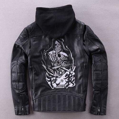 2018 Fashion Genuine Leather Jacket Men Black Embroidery Hooded Biker Motorcycle Jacket Slim fit Cowskin Real Leather Coat