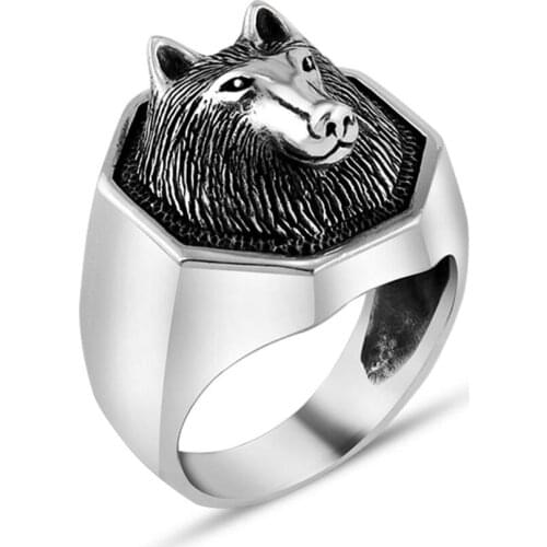 Men Handmade Silver Ring With Animal Wolf Motif, Made in Turkey, Solid 925 Sterling Silver