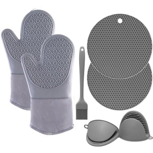Set Of 7 Silicone Gloves With Cotton Pot Holder Clip Honeycomb Pad Brush Heat Insulation Oven Mitts Kitchen Tools