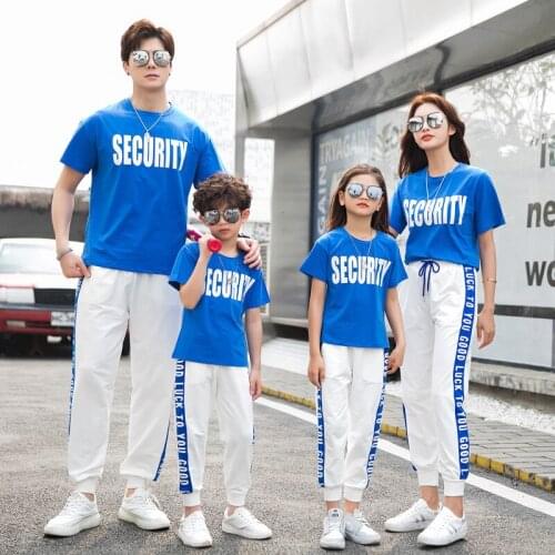 Summer New fashion Family outfits Letter clothing mother Girl father Boy Blue cotton T shirts & trousers 2pcs/sets family look