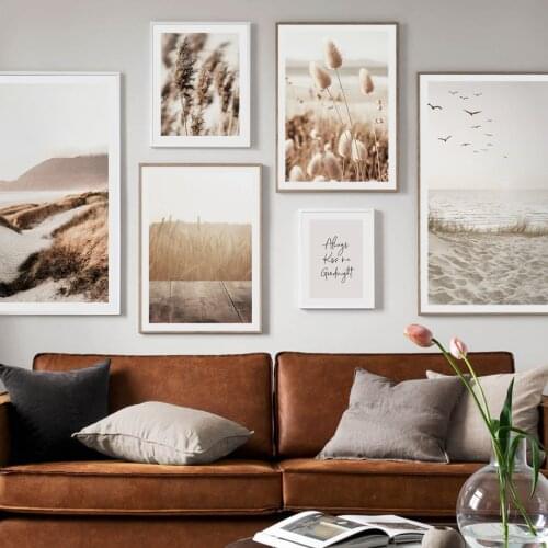 Beach Sand Dunes Reed Grass Birds Abstract Line Nordic Poster Wall Art Prin For Living Roomt Canvas Painting Decoration Pictures