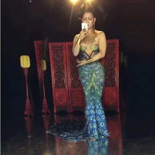Sexy Peacock Print Long Dress Mermaid Dress Women Drag Queen Dance Costume Nightclub Show Ds Stage Birthday Party Dress Catwalk
