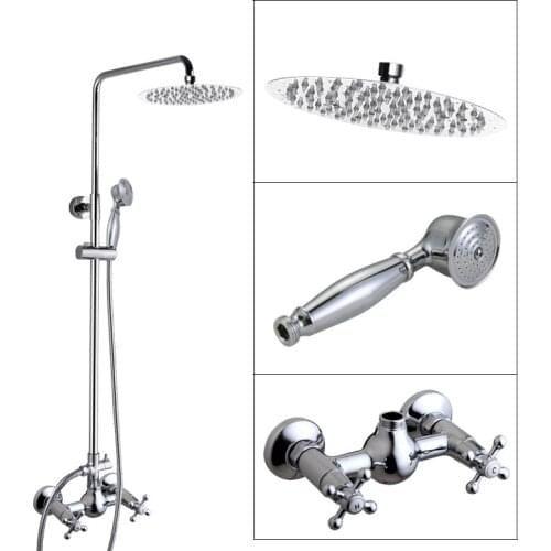 Polished Chrome Brass Dual Cross Handles Wall Mounted Bathroom 8" Round Rain Shower Head Faucet Set Bath Mixer Taps mcy306