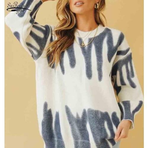 Elegant Green Striped Print Oversized Pullovers Women Winter 2021 O-Neck Loose Long Sweaters Streetwear Warm Outerwear New 16672