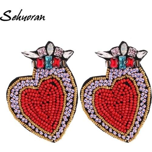 Sehuoran Stud Earrings For Women Crystal Beads Handmade Fashion Jewelry Earring Oorbellen Boho Heart Wholesale Wedding Earirings