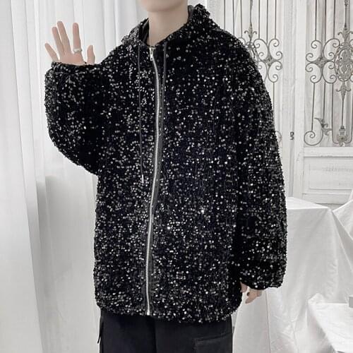 Sequined Reflective Jacket Men Fashion Casual Zipper Hooded Jackets Mens Streetwear Loose Hip-hop Bomber Jacket Men Outwear