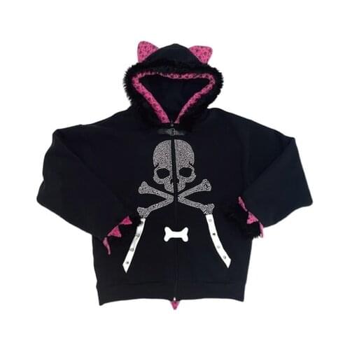 Gothic Punk Girls skull Print Winter Black Zipper Hoodies Long Sleeve Pink Leopard Ear Hooded Sweatshirt Japan Casual Pullover