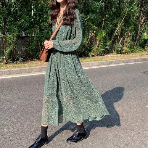Woherb Summer Long Sleeve Dress Women 2021 Korean Vintage Polka Dot Print Elegant Bandage Green Dresses Vestidos De Fiesta