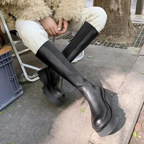 Fashion Motorcycle Boots Free Shipping Platform Winter Newest Chunky Heels Shoes Woman 2021 Party Basic Knee High Boots