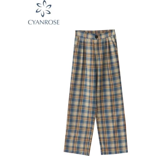 Harajuku Plaid Straight Pants Women Vintage Casual Loose Wide Leg Streetwear Oversized High Waist Female Korean Trousers Women