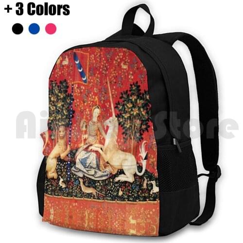 Lady And Unicorn , Sight Red Green Fantasy Flowers , Animals Outdoor Hiking Backpack Riding Climbing Sports Bag Fantasy Horse
