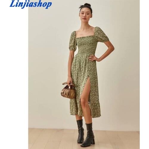 Spring summer women midi dress vintage floral print short sleeves chiffon long dress lining elegant lady robe femme