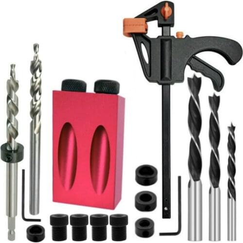 15 Degress Oblique Hole Locator Drill Guide Set Pocket Hole Jig Kit Drill Guide Set Puncher Locator with Hole Locator Fittings