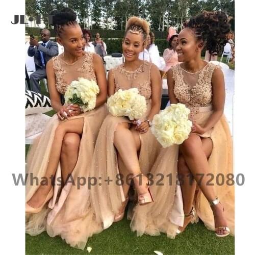2021 Plus Size Champagne Bridesmaid Dresses Long Appliques Beaded Wedding Party Gown Side Slit Women African Bridesmaid Dresses