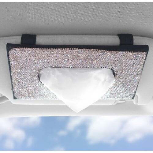 Car Tissue Box PU Leather Crystals Rhinestone Car Visor Tissue Holder Paper Towel Cover Case Hanging Car Styling