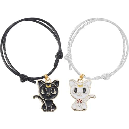 Couple 2 Piece Bracelet Cute Animal Black White Kitten Pendant Alloy Material Fashion Men And Women Valentines Day Gift Hot