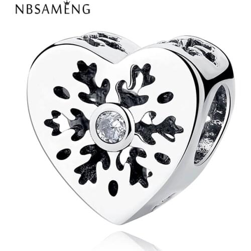 Authentic 925 Sterling Silver Bead Charm Snowflake Heart Crystal Beads Fit Women Original Bracelet DIY Christmas Jewelry
