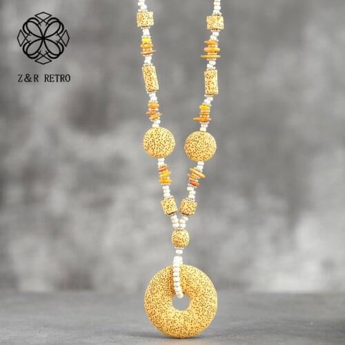 Long Necklace for Women Boemia Colored Lava Stone Jewelry Statement Rope Chains Necklaces & Pendants Womens Handmade Suspension