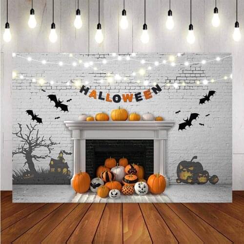 Photography Background Halloween Horrible Pumpkin White Brick Wall Wooden Floor Decoration Backdrops for Photo Studio