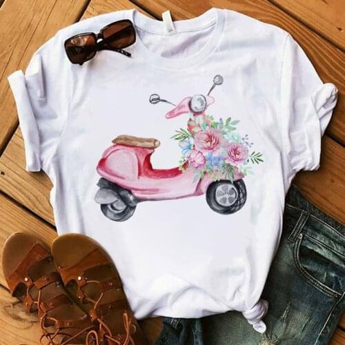 FIXSYS Womens T-shirt Summer Floral Locomotive T-shirt Graphic O-Neck Top Womens Print Casual Short Sleeve Womens Tshirt