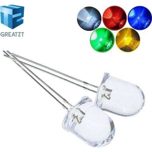 GREATZT 10mm LED 5 Colors Red Blue Yellow Green White Transparent 20mA 0.75W Ultra Bright Round LED Light Emitting Diode Lamp