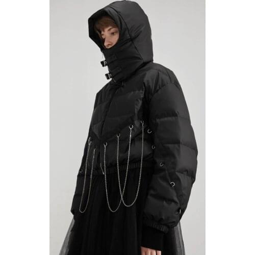IRINACH287 FALL WINTER 2020 COLLECTION Removable Chains Short Black Hooded Duck Down Jacket Women