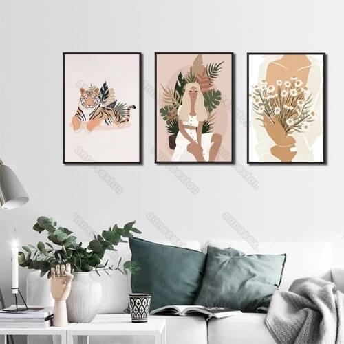Nordic Style Canvas Painting Light Yellow Tiger Pretty Girl and Little Daisy Plant Poster for Home Rooms Gallery Wall Decoration