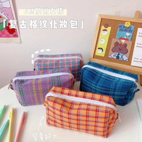 Plaid Canvas Makeup Lady Bag Large Capacity Portable Simple Economical Pencil Case Fashion Retro Stationery Bag Practical