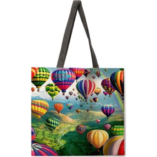 Colorful hot air balloon printing tote bag linen fabric casual tote bag shoulder bag female beach bag foldable shopping bag
