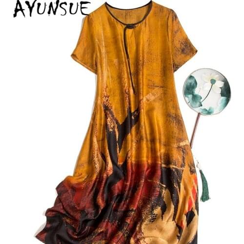 AYUNSUE Real Silk Summer Dresses for Women 2021 Midi Floral Dress for Ladies Vintage Yellow Dress O-Neck Vestido De Mujer Ycq12