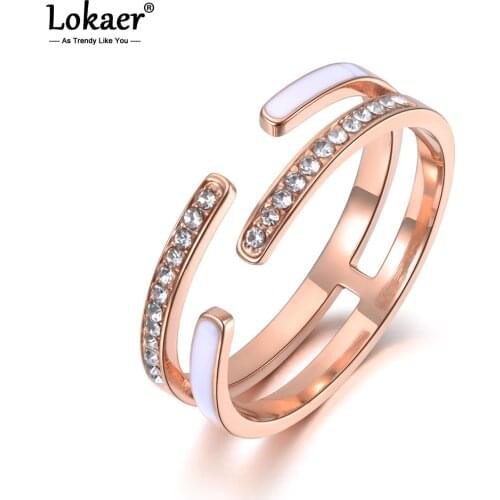 Lokaer Trendy Titanium Stainless Steel White Glaze Rings For Women Girls Mosaic CZ Crystal Love Anniversary Ring Jewelry R19077