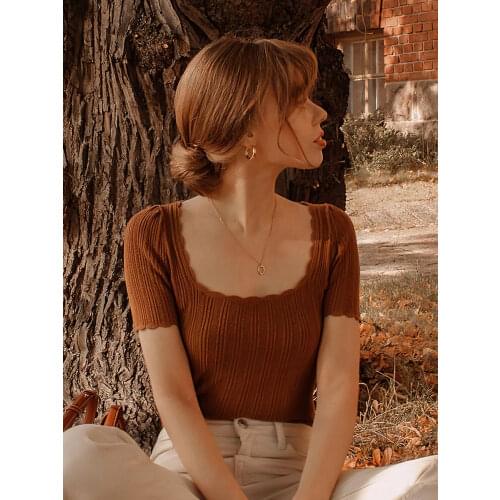 Fancy Knit T-Shirt Maille Summer Women Clothing 2021 Short Sleeve Square Neck Elegant Knitwear Top Sexy Tee Shirt Tshirt Femme