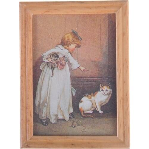 New Arrivals Resin Frame Girl and Cat Mural Wall Painting Dollhouse Miniature 1:12 Classic Toys Dollhouse Picture Decoration
