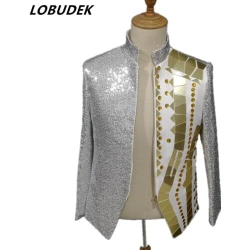 Silvery Sequins Male Jacket Gold Mirror Slim Coat Nightclub Rock Punk Mens Singer Stage Costume Tide Dancer DJ DS Dance Outfit