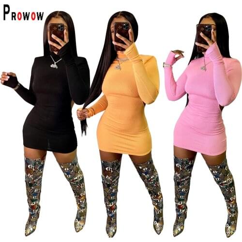 Prowow Turtleneck Knitted Womens Dress 2021 New Spring Fall Skinny Bodycon Outfits Sexy Backless Solid Color Dresses for Woman