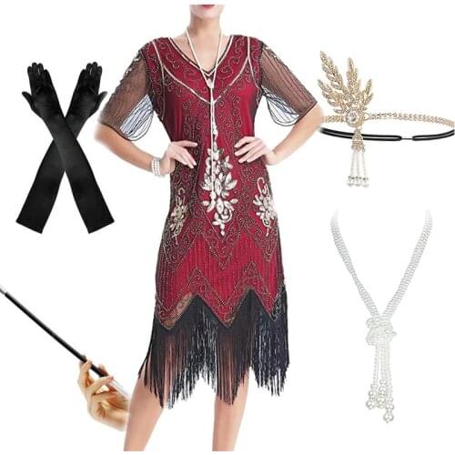 Plus Size 5xl/4xl Womens Vintage 1920s Gatsby Sequin Beaded Long Fringed Tassels Hem Flapper Dress Party Dress /Accessories Set