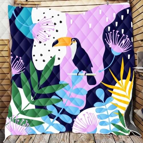 Tropical Leaves Palm Tree Flamingo Watercolor Pattern Quilt Blanket