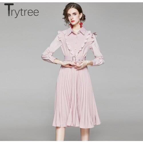 Trytree 2021 Spring Autumn Womens Dress Silky Casual Ruffles Belt Pleated Hem A-line Mid-Calf Office Lady Buttons Shirt Dress