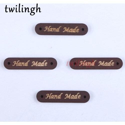 Twilingh 50Pcs Sew On Button 2 Holes Wooden Buttons Hand Made Logo Natural Brown Color Handmade Letter